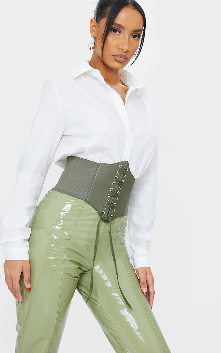 Khaki Lace Up PU Corset Belt