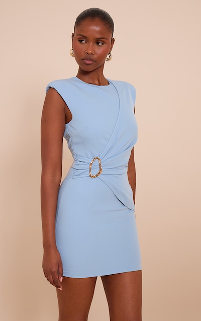 Mini robe tissée bleue froncée à empiècement