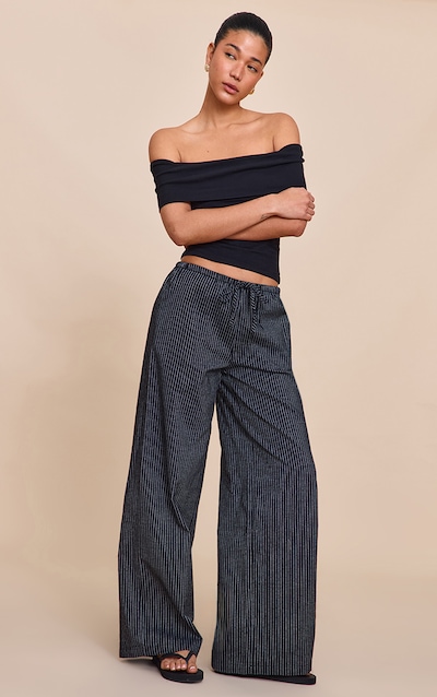 Navy Stripe Cotton Drawstring Mid Rise Pants