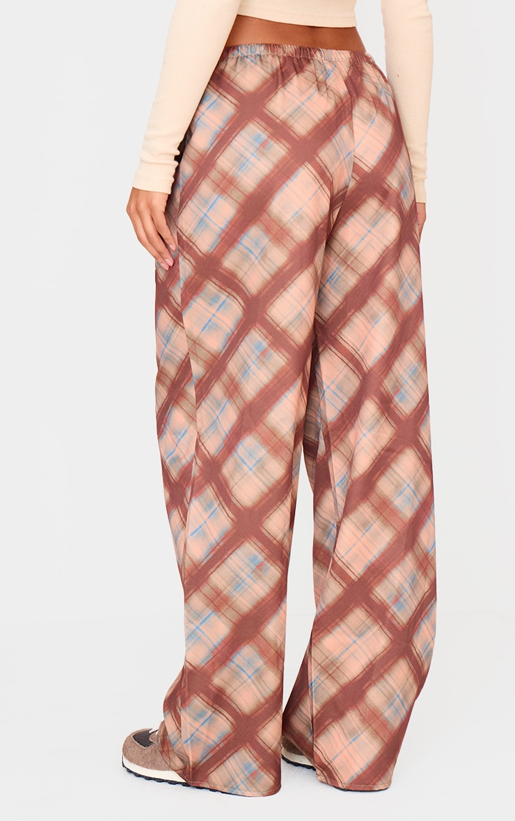 Brown Check Print Woven Drawstring Waist Low Rise Pants image 3