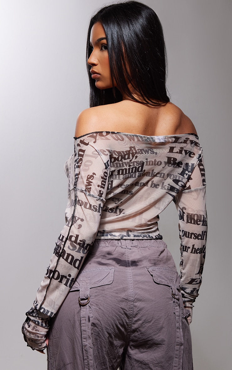 Stone Abstract Print Bardot Lettuce Hem Top image 2