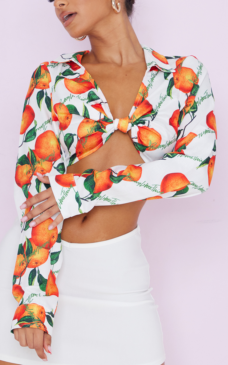 Petite White Orange Print Knot Front Shirt image 4