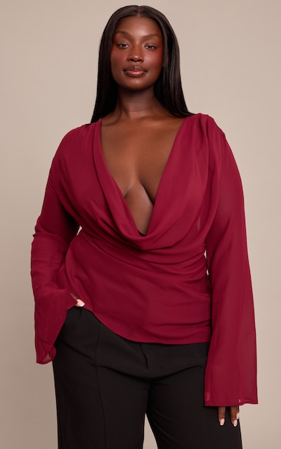 Plus Wine Chiffon Cowl Plunge Blouse