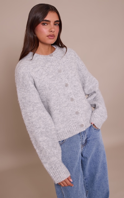 Light Grey Brushed Oversized Detail Round Neck Cardigan