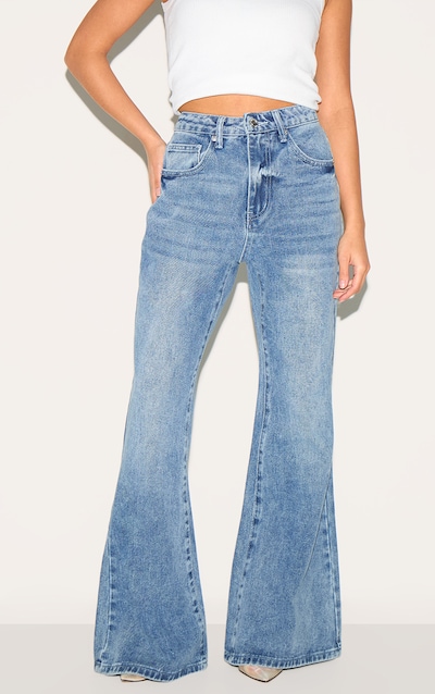 Petite Mid Blue Wash Denim Extreme Flare Jeans