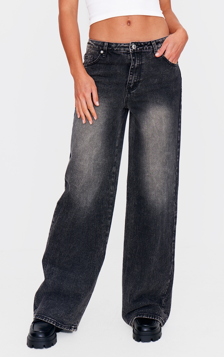 Tall Washed Grey Mid Rise Wide Leg Jeans image 2