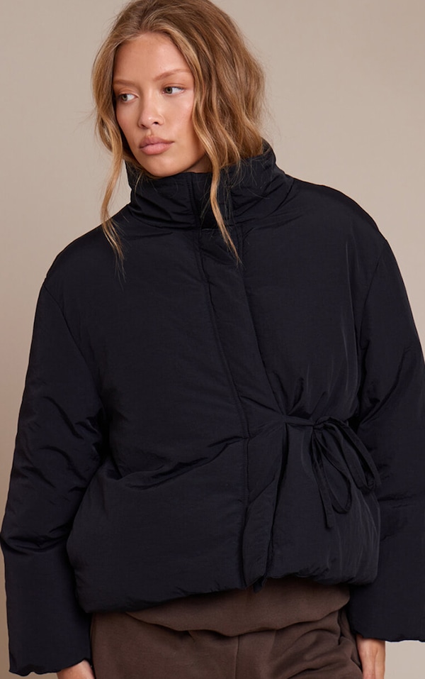 Black High Neck Tie Waist Quilted Jacket