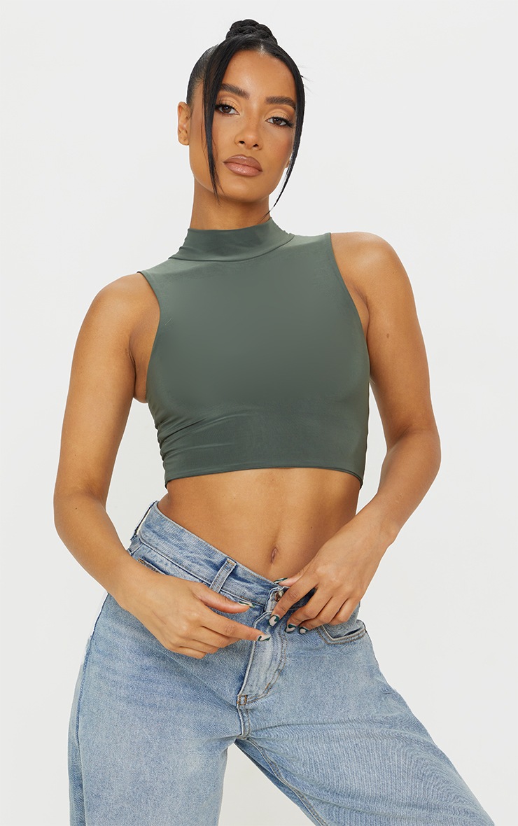 Khaki Slinky High Neck Racer Crop Top image 1