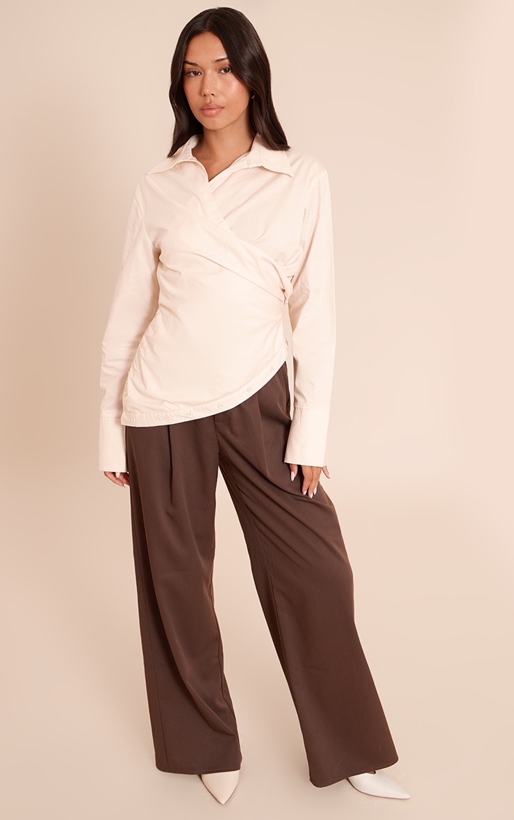 Cream Ruched Wrap Detail Long Sleeve Shirt image 3