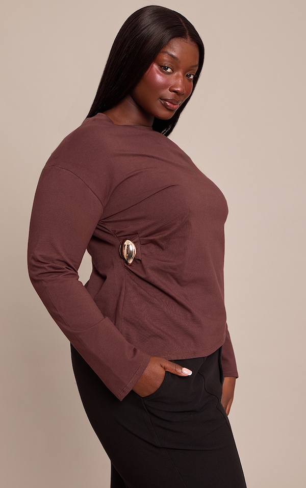Plus Chocolate Cotton Side Trim Detail Long Sleeve T-shirt