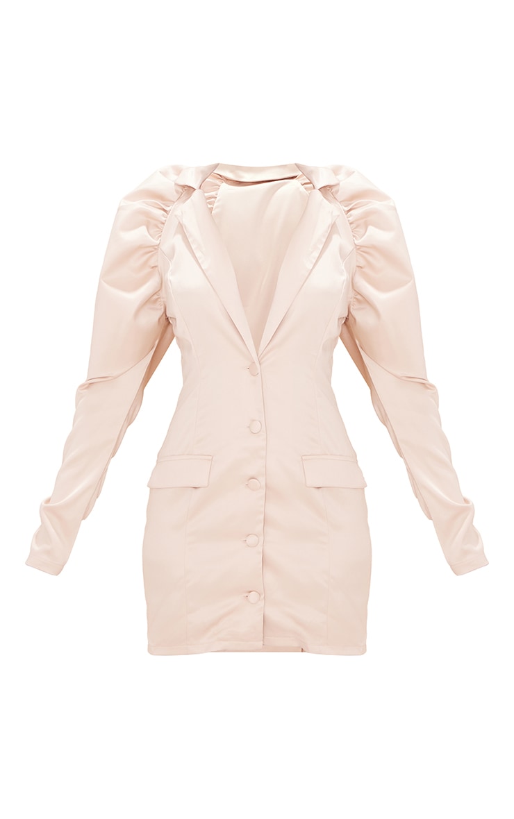 Champagne Satin Puff Sleeve Pocket Detail Blazer Dress image 5