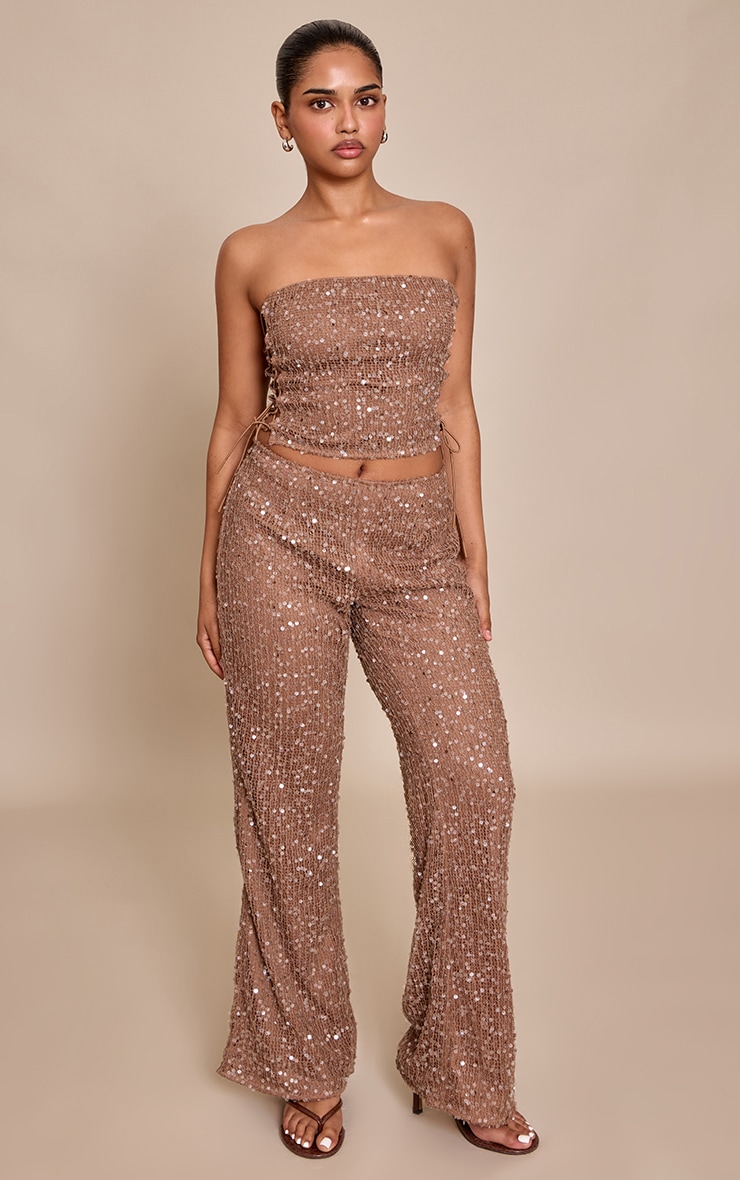 Petite Pantalon flare texturé chocolat à sequins image 1