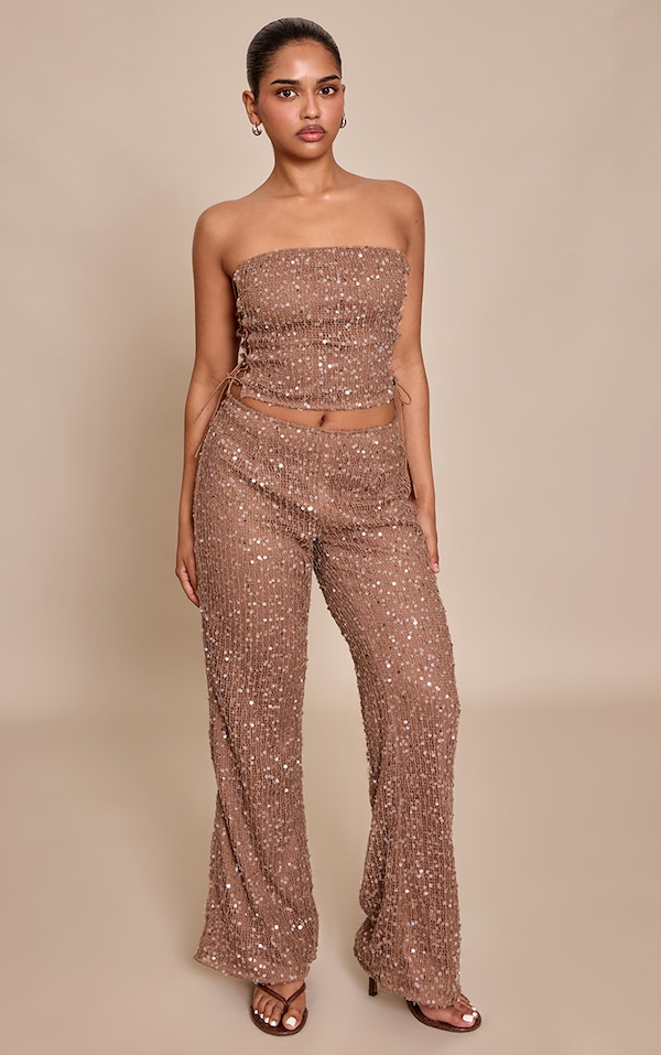 Petite Pantalon flare texturé chocolat à sequins