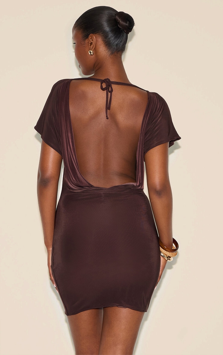 Chocolate Double Layered Slinky Ruched Short Sleeve Mini Dress image 1