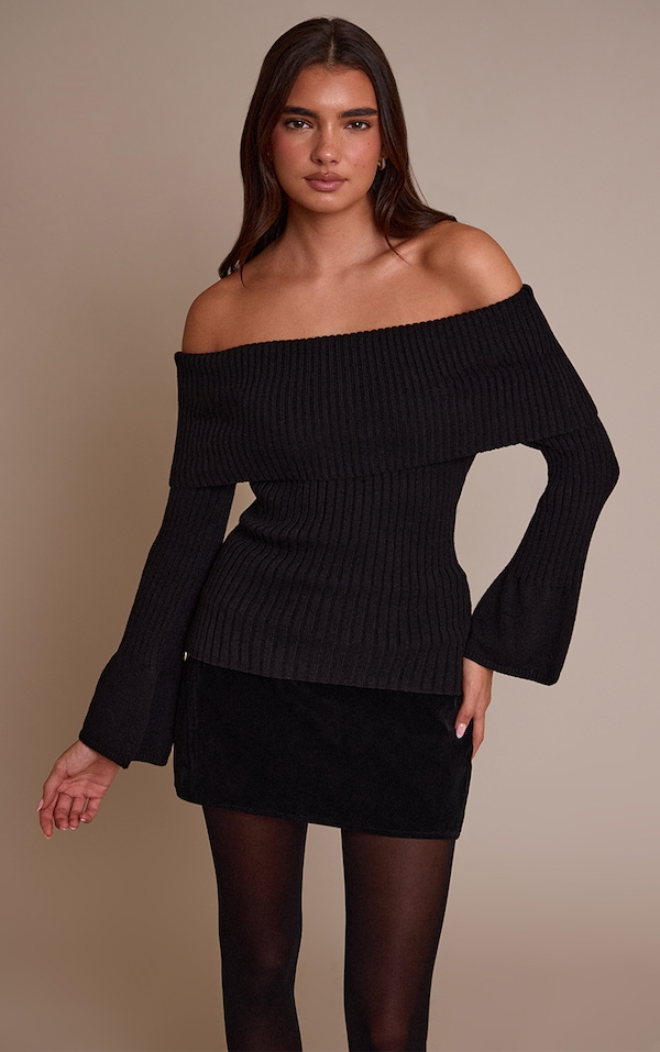 Black Ribbed Bardot Flute Sleeve Knitted Top 