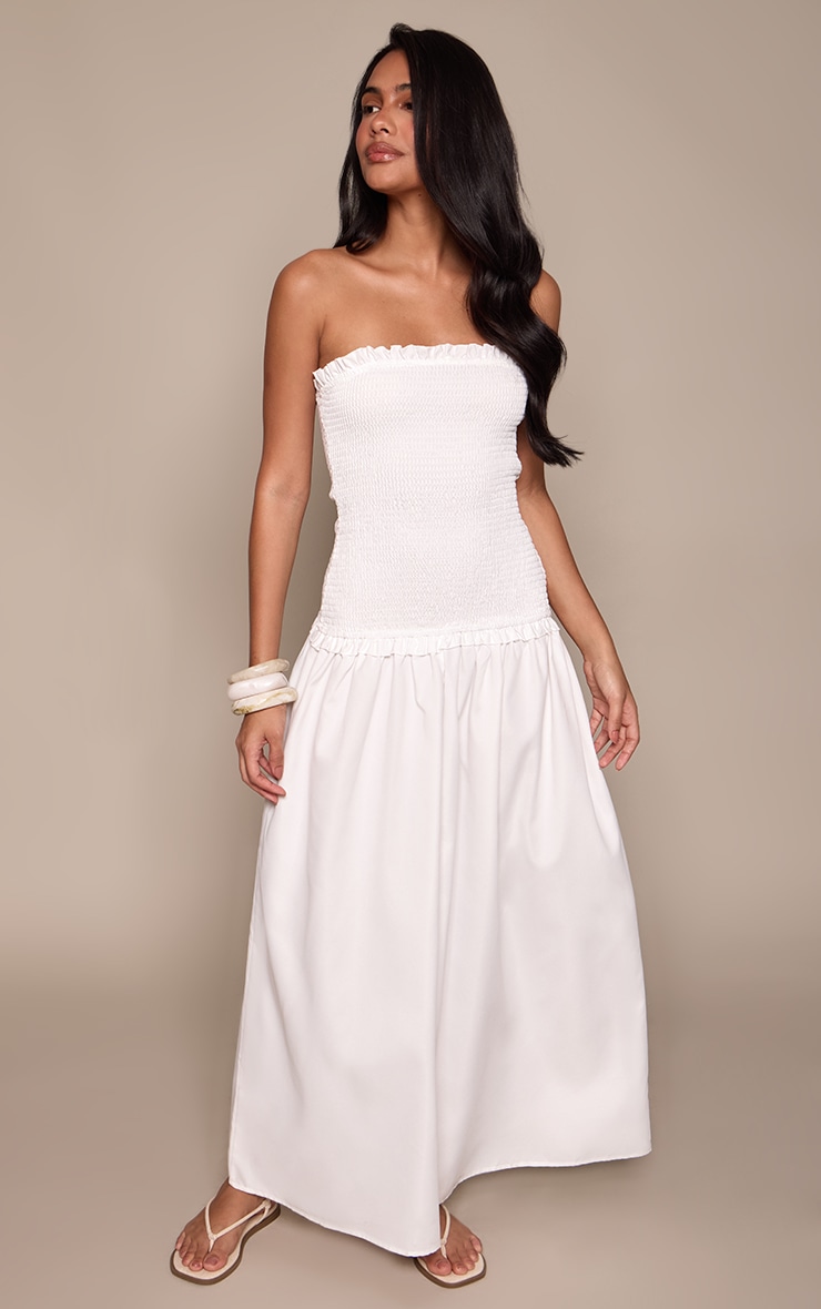 White Shirred Bandeau Frill Edge Maxi Dress