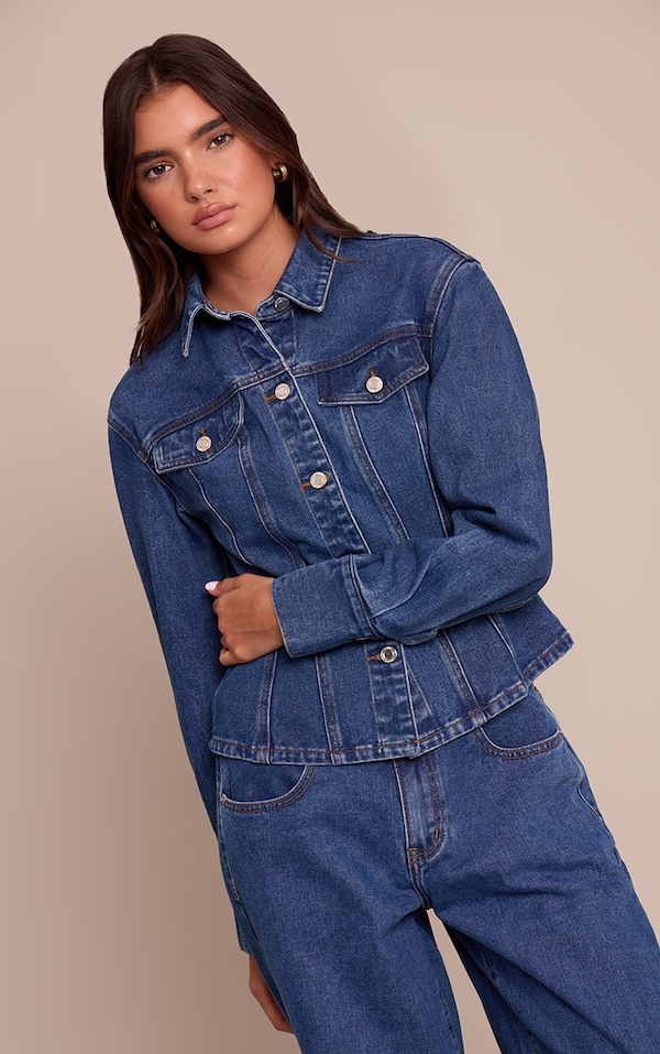  Dark Blue Long Sleeve Cinched Waist Denim Jacket
