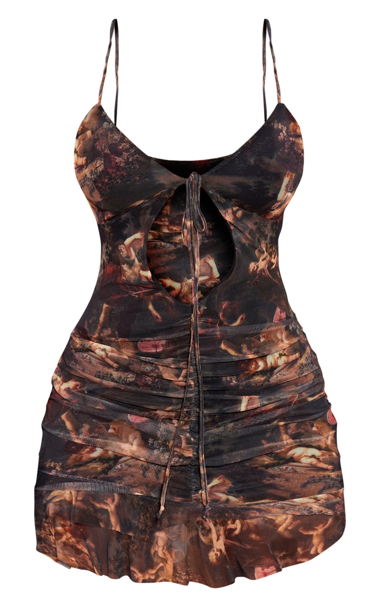 Shape Multi Renaissance Print Mesh Tie Front Frill Hem Bodycon Dress image 4