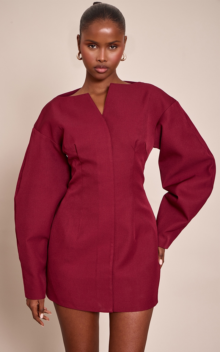 Burgundy Cocoon Sleeve Cinched Waist Blazer Dress