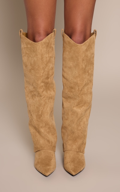 Sand Suede Heeled Fold Over Knee High Boot