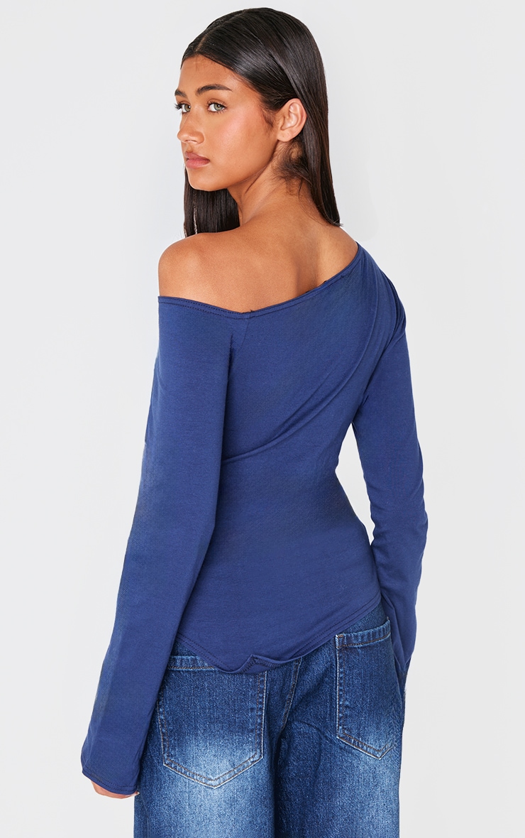 Navy Cotton Ruched Side Long Sleeve Top image 2