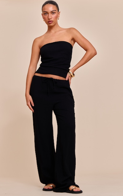 Black Textured Mid Rise Wide Leg Drawstring Pants
