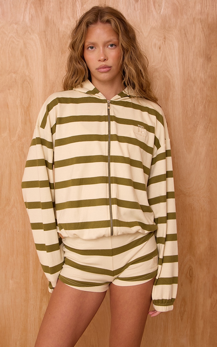 Sage Striped Super Soft PLT Embroidered Zip Up Jacket