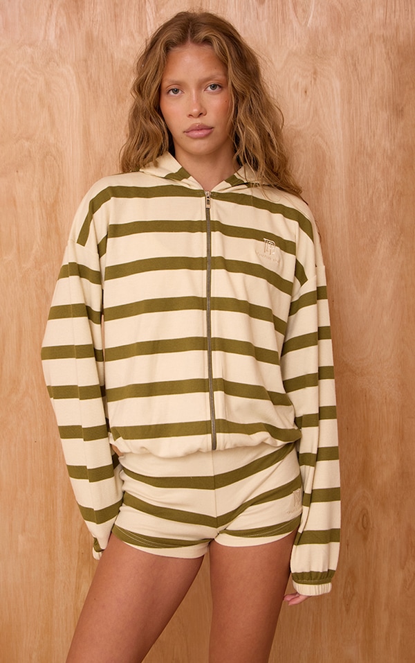 Sage Striped Super Soft PLT Embroidered Zip Up Jacket 