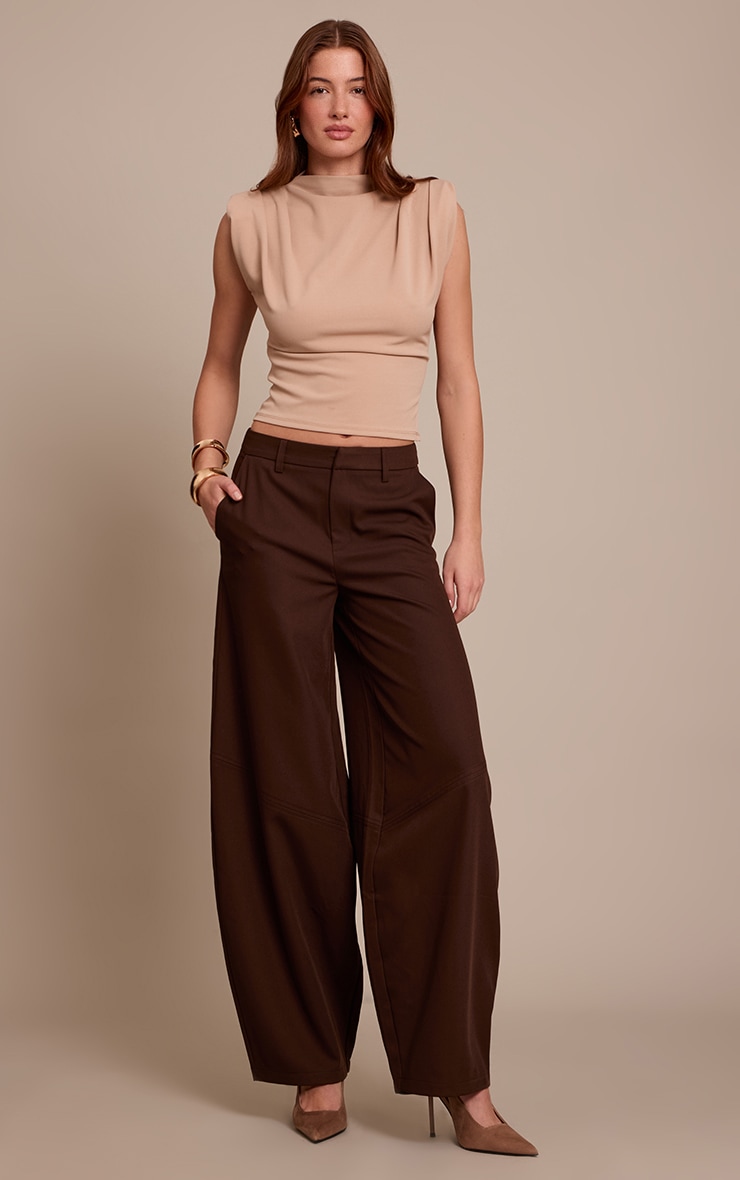 Tan Shoulder Pad Pleated Boat Neck Top image 3