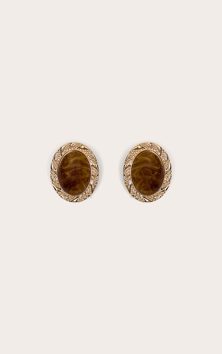 Gold Textured Smokey Brown Resin Oval Earrings image 2