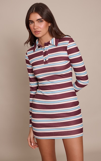 Chocolate Brushed Rib Striped Collar Detail Dress