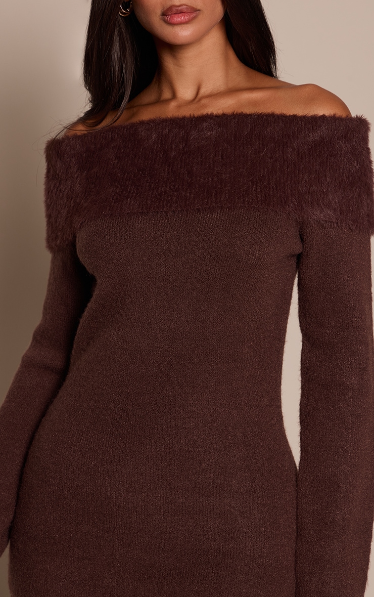 Petite Chocolate Fluffy Knit Off Shoulder Mini Dress image 4
