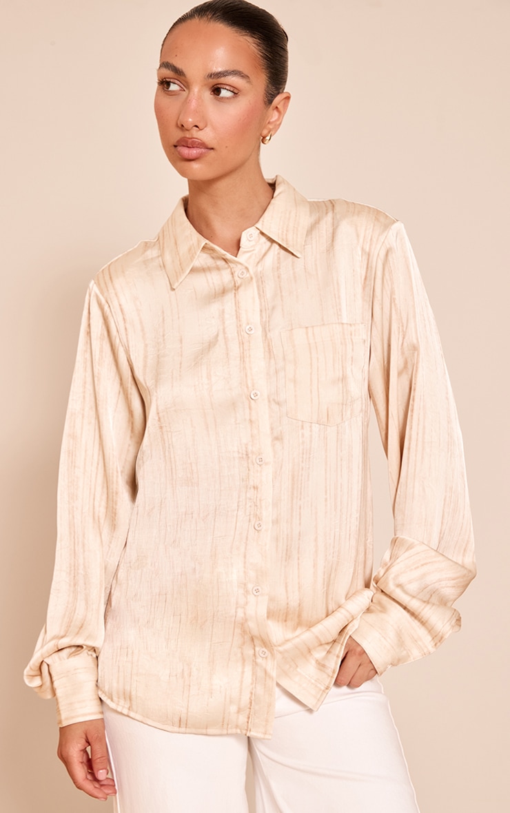 Cream Textured Satin Shoulder Pad Shirt image 1