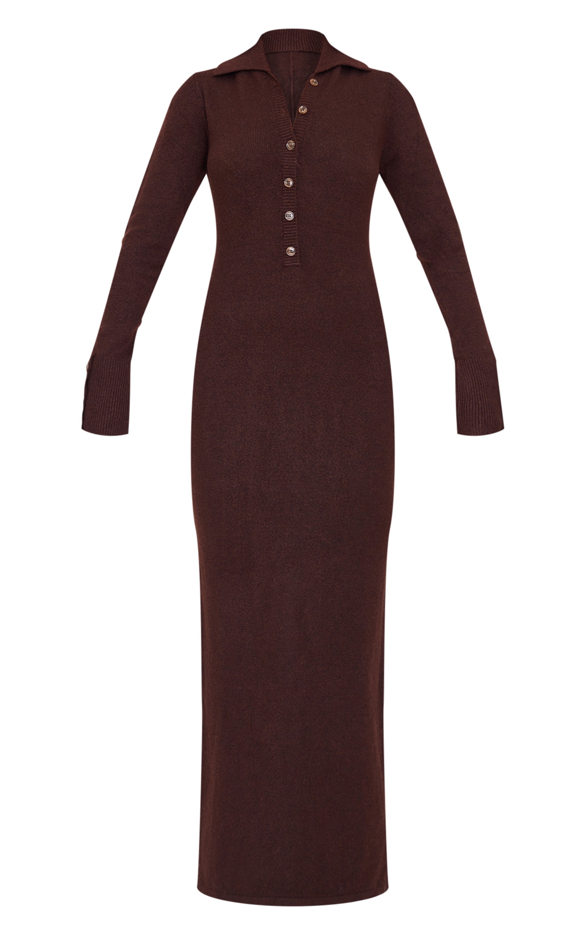 Chocolate Soft Bobble Knit Button Up Collar Detail Maxi Dress image 5