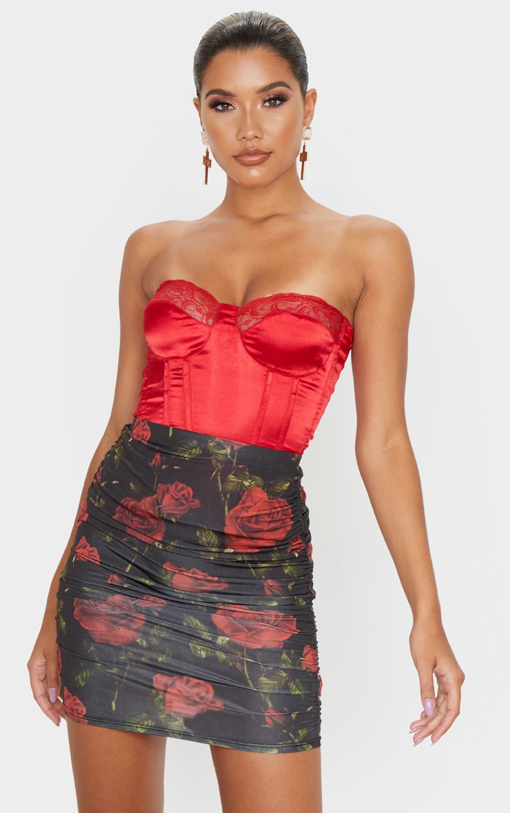 Black Floral Print Slinky Ruched Mini Skirt