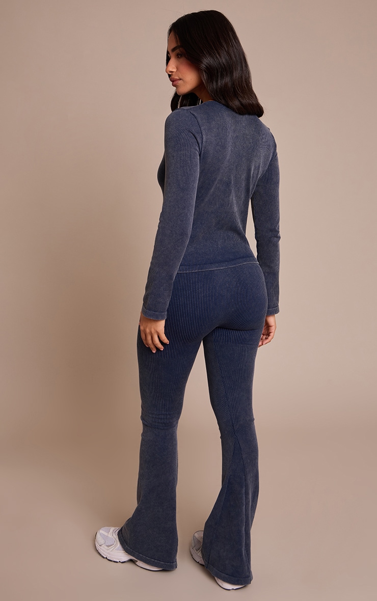 Petite Deep Navy Contour Rib Button Detail Flare Leggings image 3
