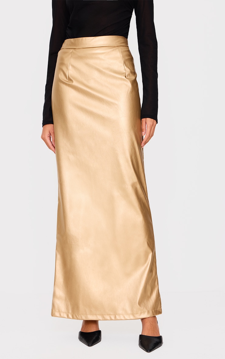 Gold Metallic Faux Leather Maxi Skirt image 2