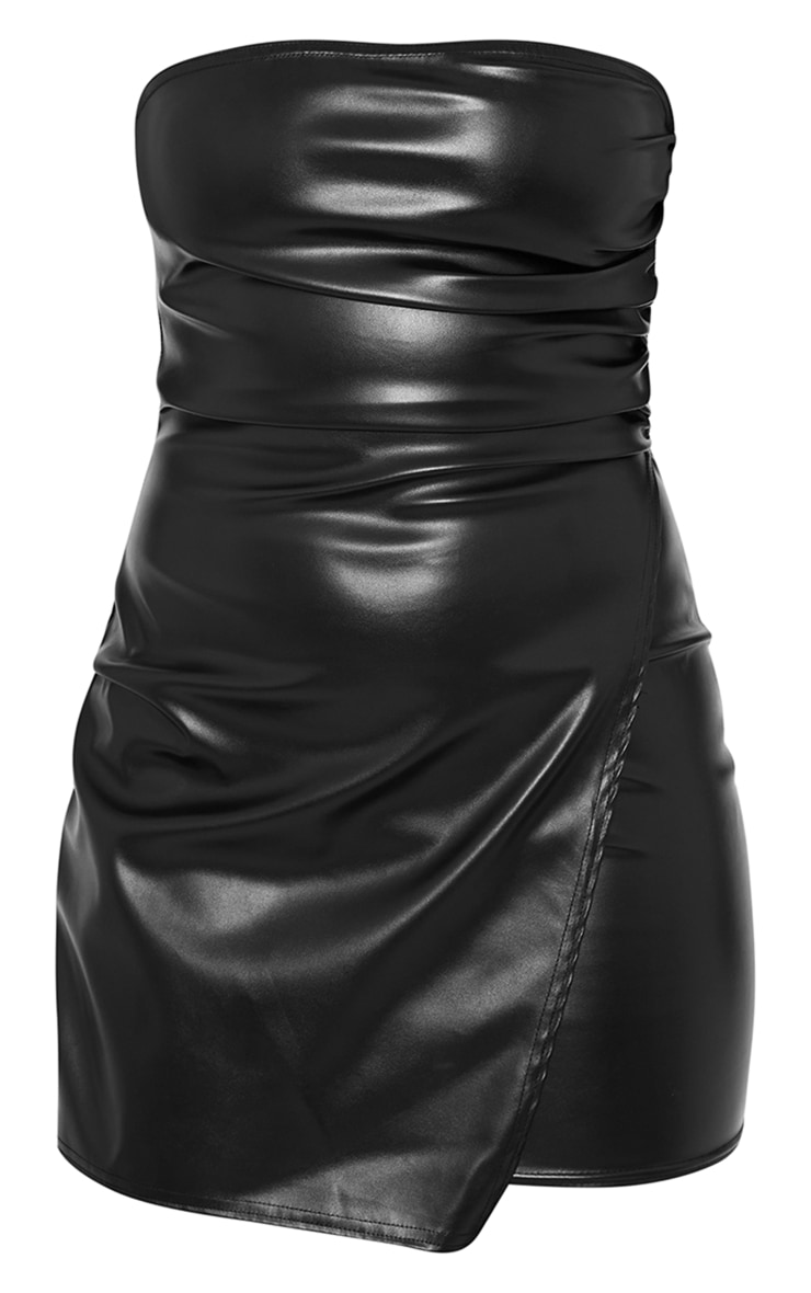 Black Faux Leather Bandeau Ruched Side Mini Dress image 1