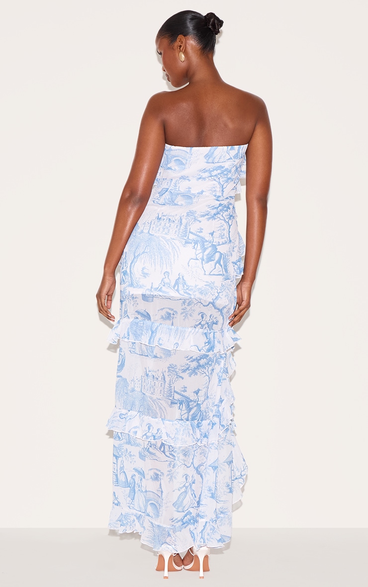 Blue Printed Ruffled Bandeau Maxi Dress | Dresses