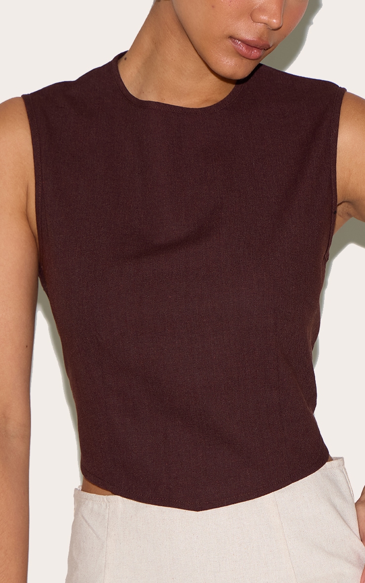 Chocolate Linen Look Boxy Pointed Hem Top image 4