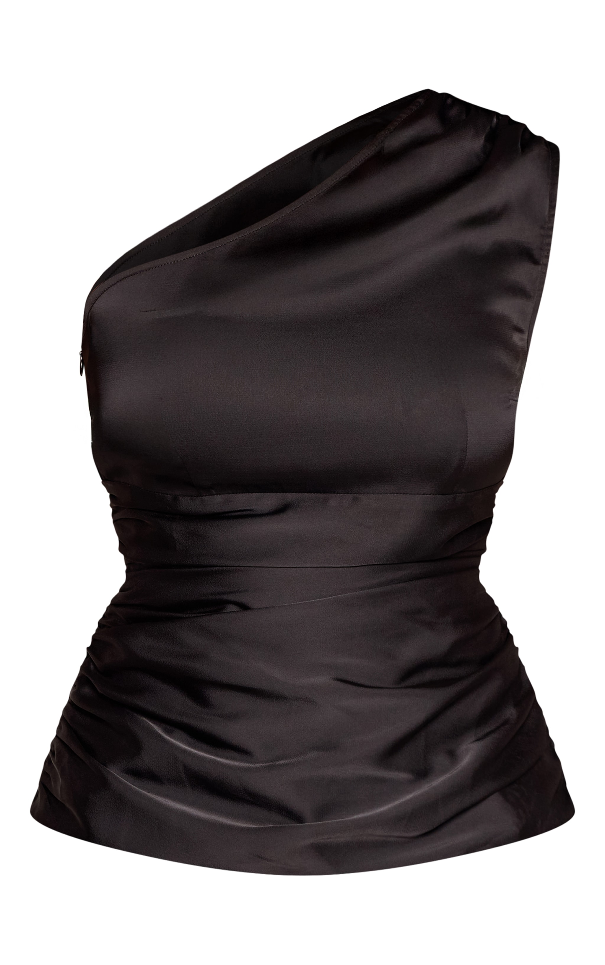 Shape Black One Shoulder Ruched Back Satin Top  image 5