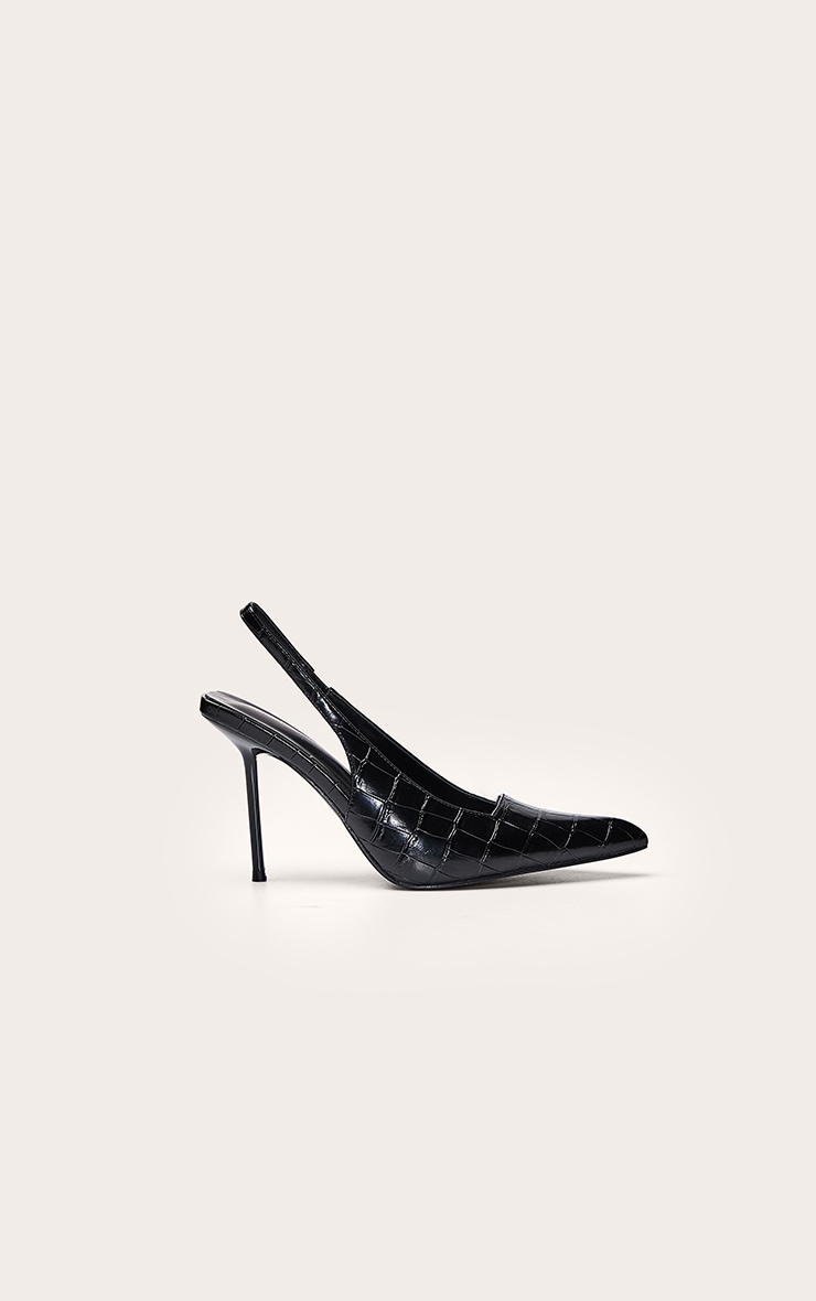 Black Croc Heeled Sling Back Court Shoe image 2