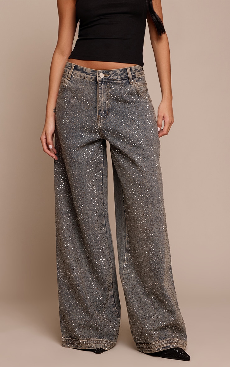 Vintage Relaxed Low Rise Hotfix Wide Leg Denim Jeans image 2