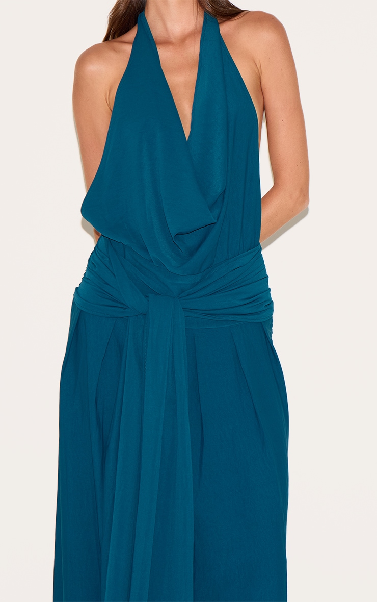 Robe longue fluide tissée bleu sarcelle à col bénitier et dos échancré image 4