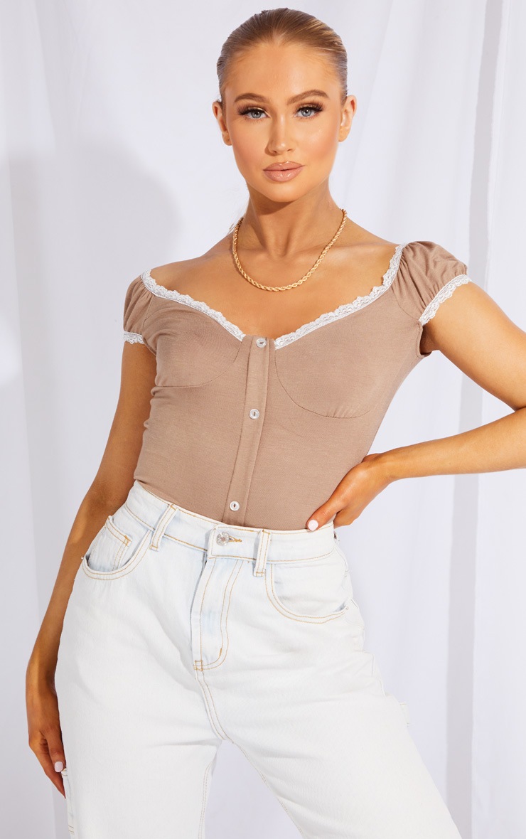 Camel Jersey Lace Frill Button Up Top