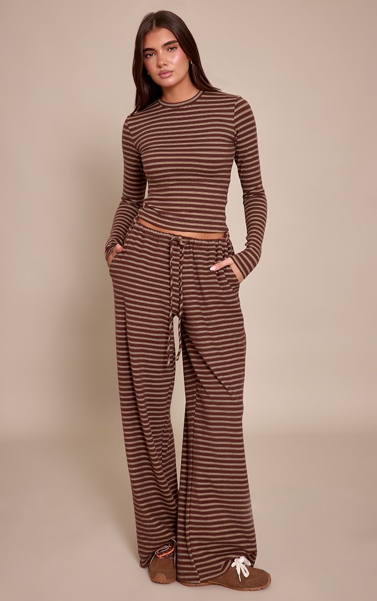 Chocolate Striped Soft Fleece Straight Leg Sweatpants image 1