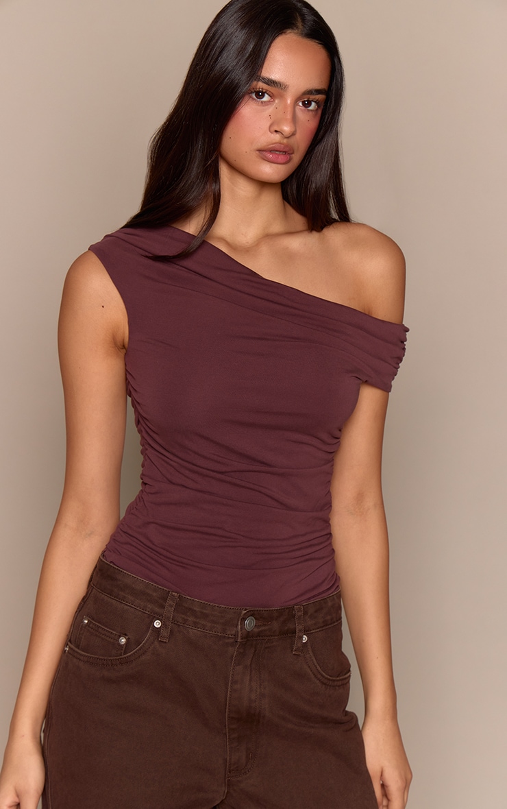 Chocolate Soft Touch Asymmetric Neck Sleeveless Bodysuit image 1