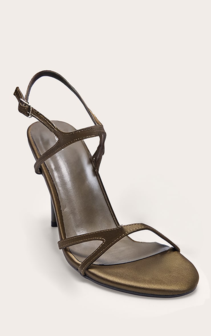 Olive Satin Round Toe Asymmetric Strap High Stiletto Heeled Sandals image 4