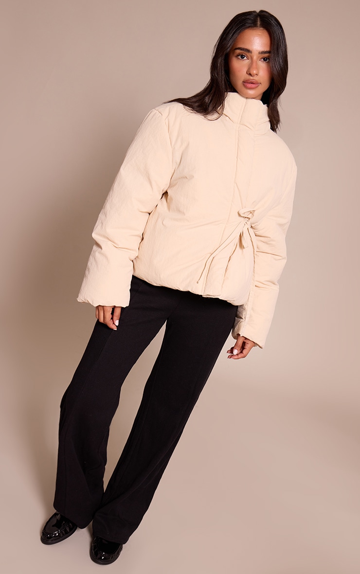Petite Cream High Neck Tie Waist Quilted Jacket image 3