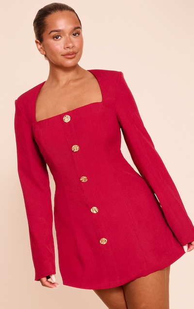 Shape red Tailored Square Neck Hammered Button Mini Dress